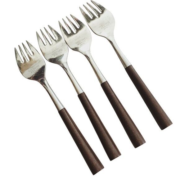 4 Woodwind Salad Fork 5" wood-like handle vtg midcentury boho minimalist mixed m - Picture 7 of 9